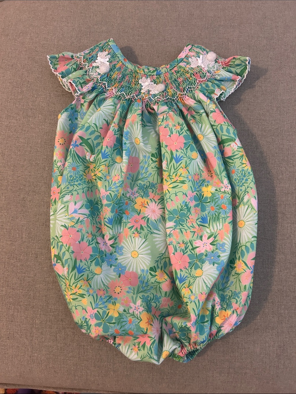 Floral Smocked Bunny Bubble Romper - Green & Pink